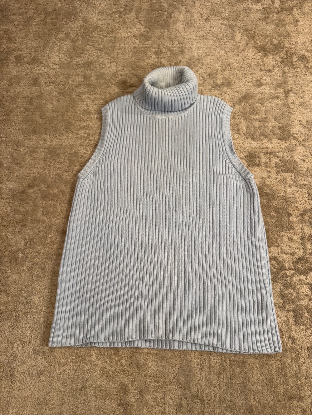 Lauren Ralph Lauren Light Blue Ribbed Cotton Sleeveless Turtleneck Sweater Top,